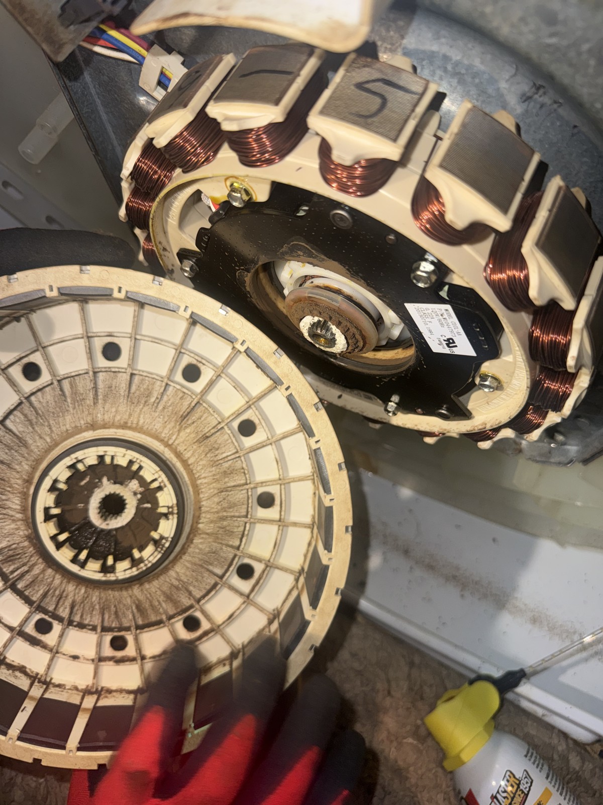 Direct-drive washer motor stator and rotor with copper coils visible during a motor rebuild